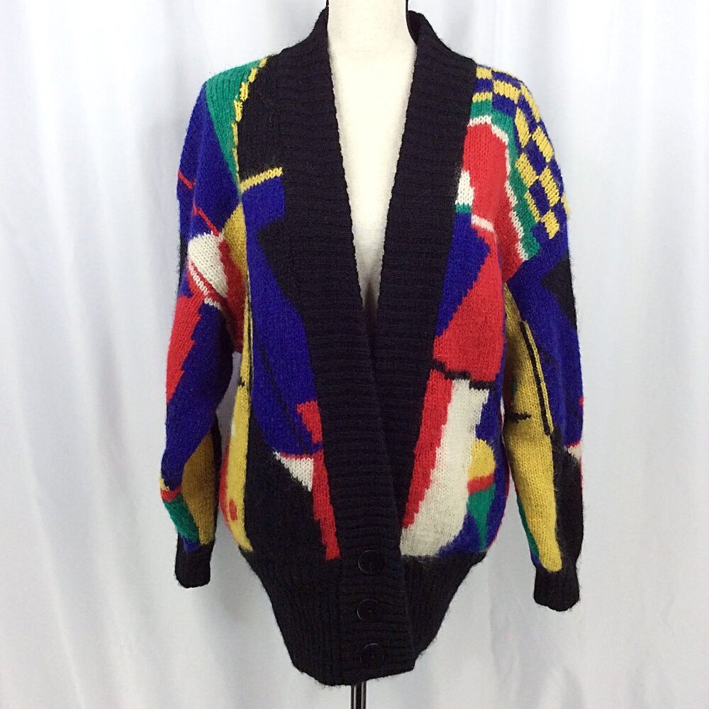 VTG SEGUE Mohair Abstract Cardigan Sweater Coat Jacket Medium Thick Chunky‎ 90s